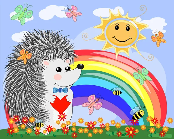 Lovely Cartoon Hedgehog Seven Colored Rainbow Clear — Stock Vector