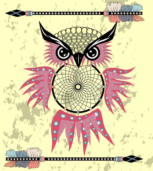 Indiase Decoratieve Dream Catcher Uil Grafische Stijl Vectorillustratie — Stockvector