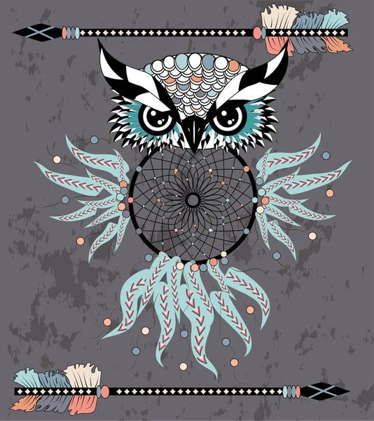 Dreamcatcher Met Uil Amerikaanse Indianen Symbool — Stockvector