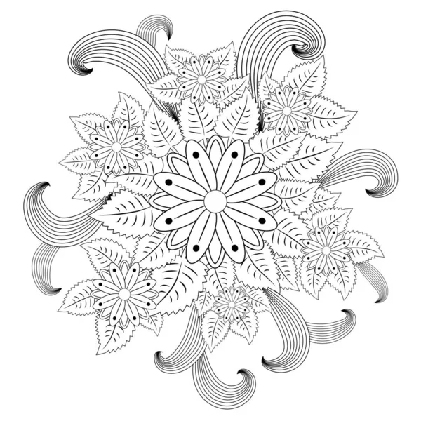 Adorno Flores Círculo Blanco Negro Diseño Encaje Redondo Ornamental Mandala — Vector de stock