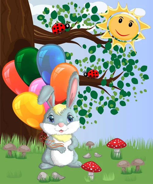 Netter Comic Hase Mit Einer Armvoll Luftballons Auf Einer Waldlichtung — Stockvektor