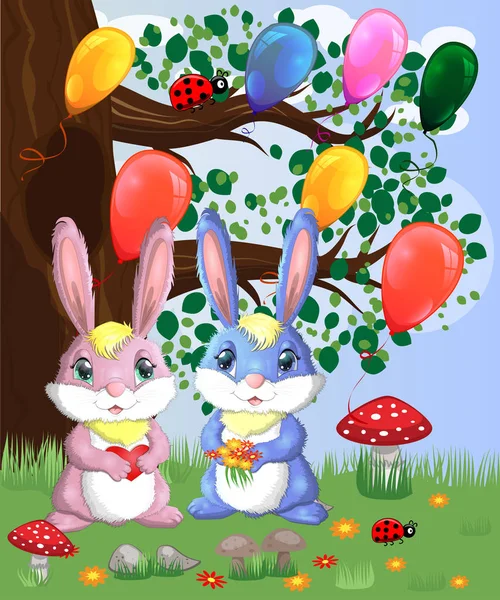 Two Cute Bunnies Forest Glade Vector Illustration — Stock Vector