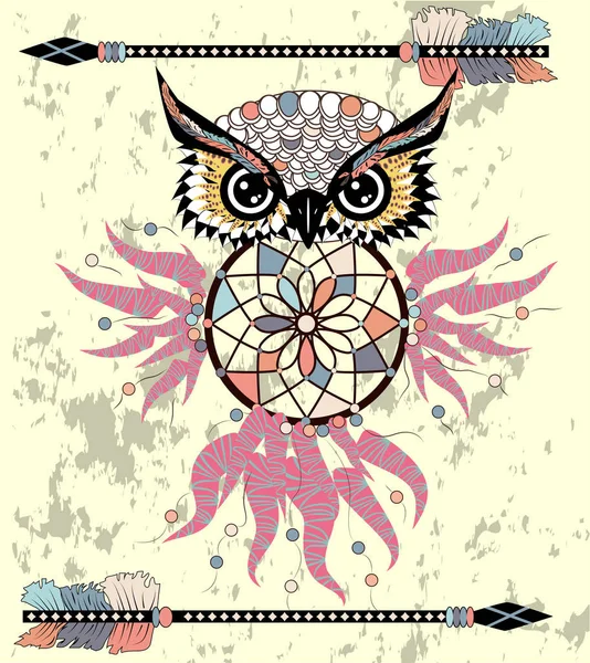 Indiase Decoratieve Dream Catcher Uil Grafische Stijl Vectorillustratie — Stockvector