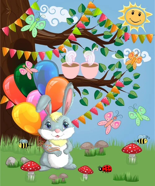 Милый Мультяшный Кролик Арсеналом Воздушных Шаров Лесной Поляне — стоковый вектор