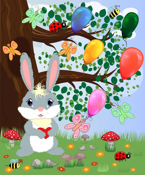 Lapin Avec Cœur Dans Une Clairière Forestière Printemps Amour Carte — Image vectorielle