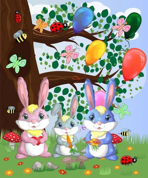 Une Famille Trois Lapins Dans Une Clairière Illustration Vectorielle — Image vectorielle