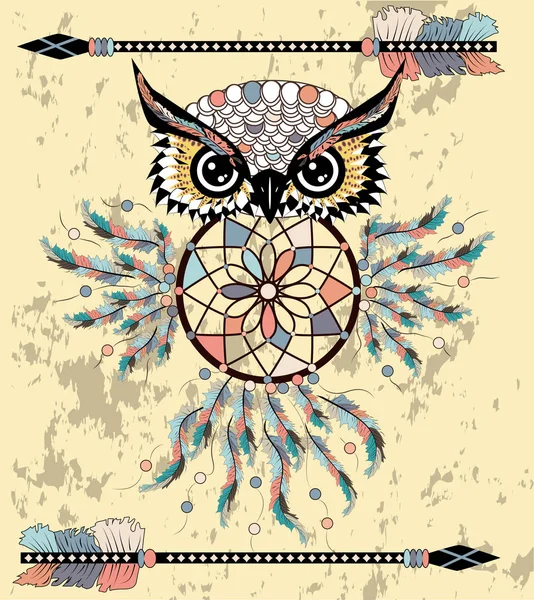 Indiase Decoratieve Dream Catcher Uil Grafische Stijl Vectorillustratie — Stockvector