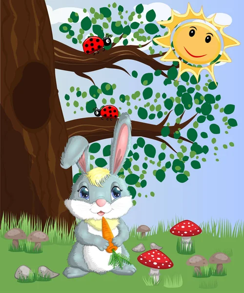 Кролик Морковкой Лесной Поляне Векторная Иллюстрация — стоковый вектор