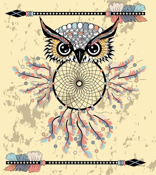 Indiase Decoratieve Dream Catcher Uil Grafische Stijl Vectorillustratie — Stockvector