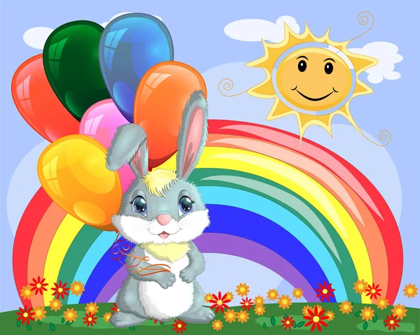 Cute Cartoon Bunny Armful Balls Glade Rainbow — Stock Vector