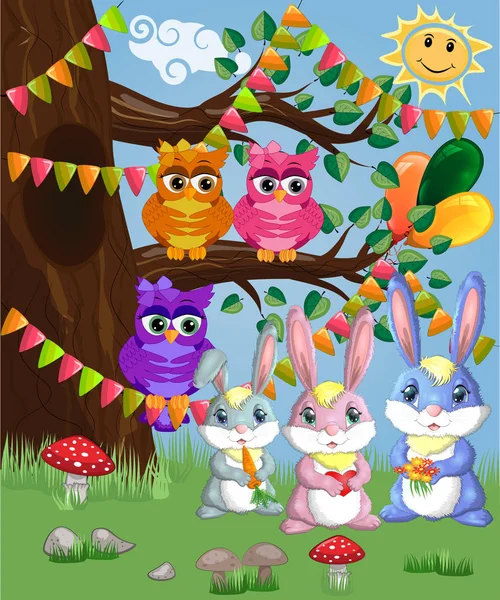 Family Three Bunnies Forest Glade Vector Illustration — Stock Vector