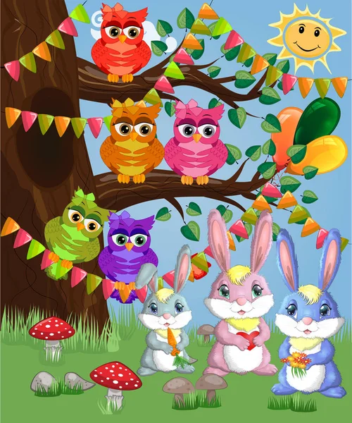 Una Famiglia Tre Coniglietti Una Radura Forestale Illustrazione Vettoriale — Vettoriale Stock