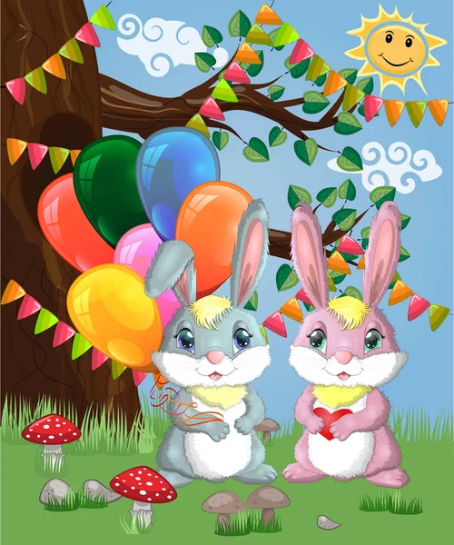 Deux Lapins Mignons Avec Des Ballons Air Dans Une Clairière — Image vectorielle
