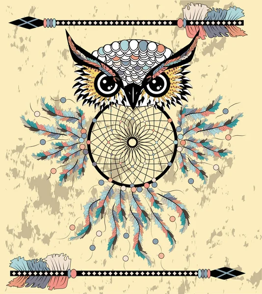 Dreamcatcher Uil Boho Style Cartoon Karakter Abstracte Boheemse Object Vectorillustratie — Stockvector