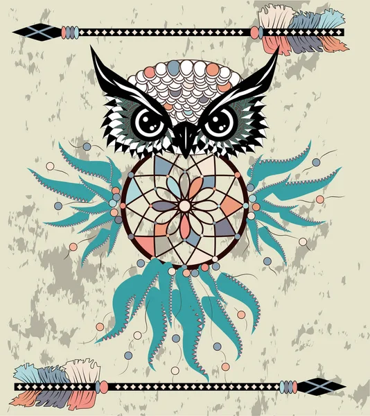 Indiase Decoratieve Dream Catcher Uil Grafische Stijl Vectorillustratie — Stockvector