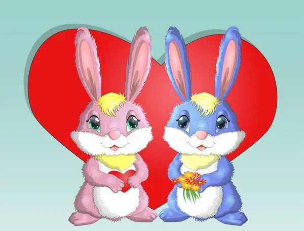 Feliz Día San Valentín Tarjeta Amor Par Conejitos Lindos Chica — Vector de stock