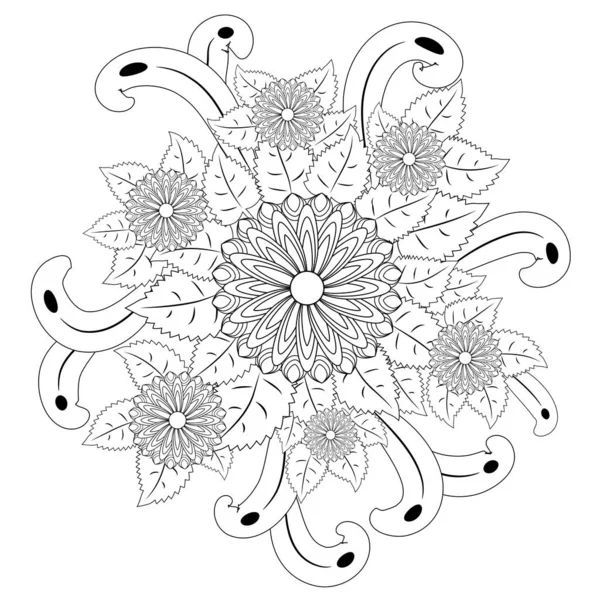 Czarno Białe Koło Kwiat Ornament Ozdobnych Okrągły Projekt Koronki — Wektor stockowy