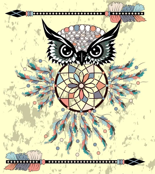 Dreamcatcher Met Uil Amerikaanse Indianen Symbool — Stockvector