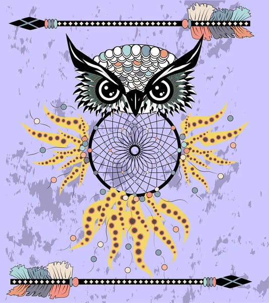 Indiase Decoratieve Dream Catcher Uil Grafische Stijl Vectorillustratie — Stockvector