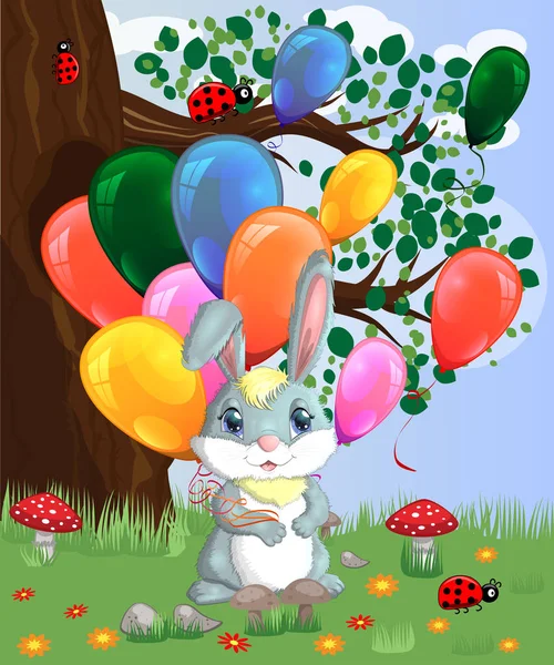 Mignon Lapin Dessin Animé Avec Une Poignée Ballons Air Dans — Image vectorielle