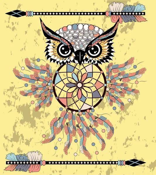 Dreamcatcher Met Uil Amerikaanse Indianen Symbool — Stockvector