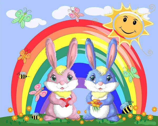 Pair Bunnies Boy Girl Clearing Rainbow — Stock Vector