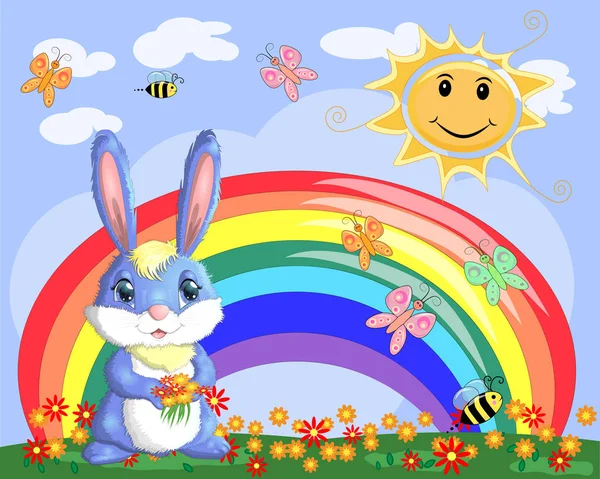 Bunny Bouquet Meadow Rainbow — Stock Vector