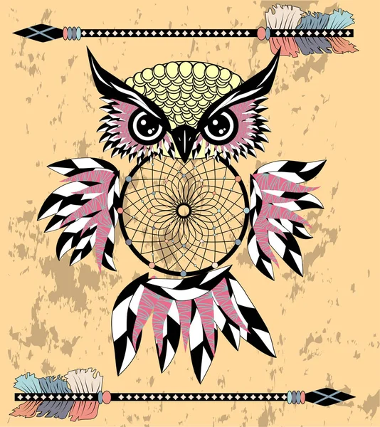 Indiase Decoratieve Dream Catcher Uil Grafische Stijl Vectorillustratie — Stockvector