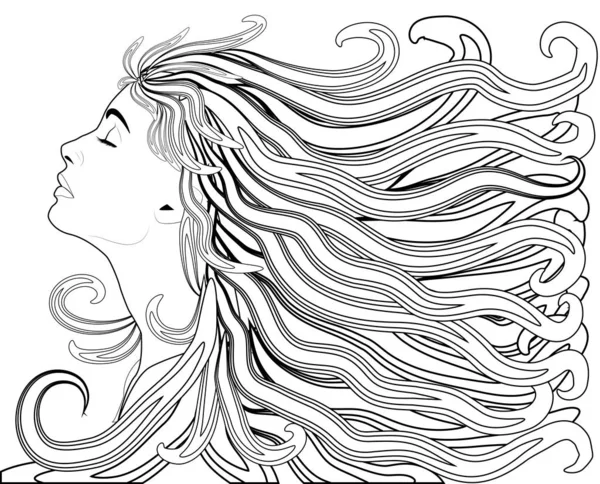 Menina Com Cabelo Streaming Ilustração Desenhada Mão Linho Para Colorir — Vetor de Stock