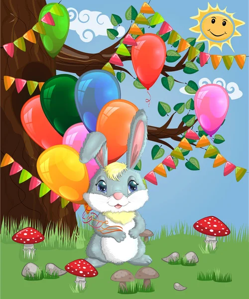 Cute Cartoon Bunny Armful Air Balloons Forest Glade — Stock Vector