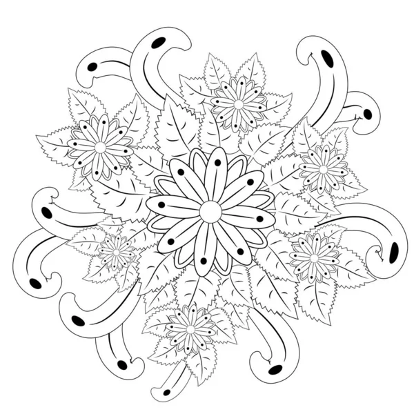 Blommig Mandalaa Stiliserade Cirkulär Prydnad Blommig Mandala Svartvita Ritning — Stock vektor