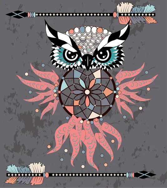 Indiase Decoratieve Dream Catcher Uil Grafische Stijl Vectorillustratie — Stockvector