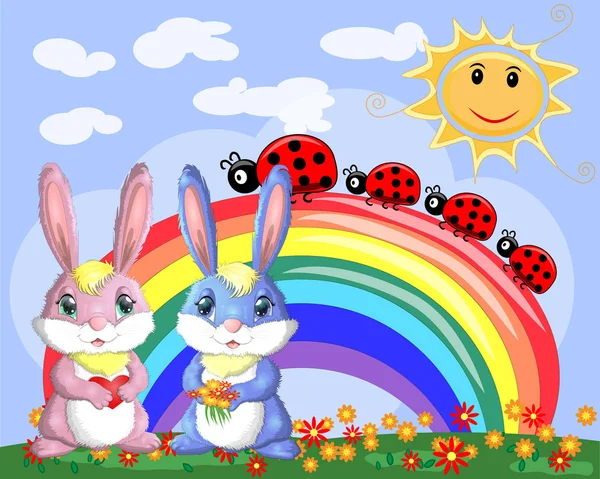 Pair Bunnies Boy Girl Clearing Rainbow — Stock Vector