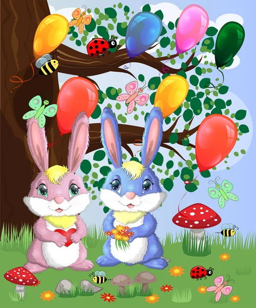 Two Cute Bunnies Forest Glade Vector Illustration — Stock Vector