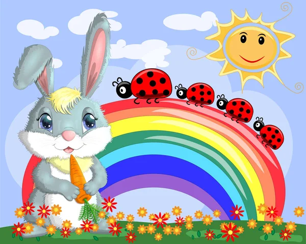 Кролик Морквою Лузі Біля Веселки — стоковий вектор