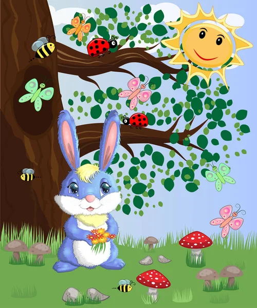 Blue Bunny Bouquet Forest Glade — Stock Vector