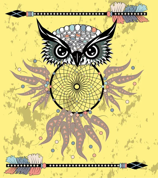 Dreamcatcher Met Uil Amerikaanse Indianen Symbool — Stockvector