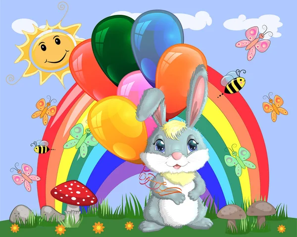 Cute Cartoon Bunny Armful Balls Glade Rainbow — Stock Vector
