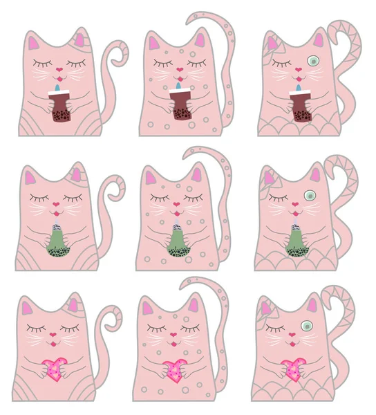 Набор Смешной Кошки Напитком Иллюстрация — стоковый вектор