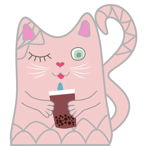 Cute cartoon cat with drink, illustration