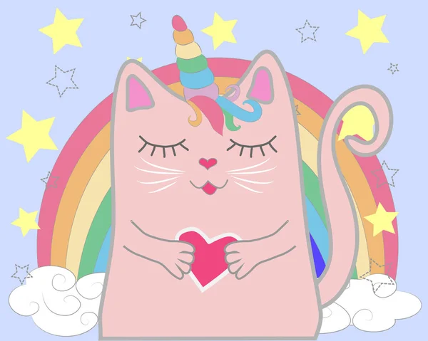 Cute Cat Unicorn Rainbow Hand Drawn Illustration — Stock Vector