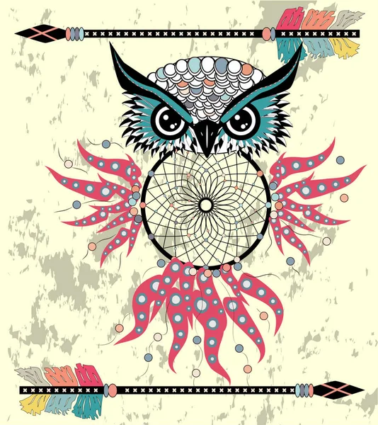 Tekening Uil Met Tribal Pijlen Dream Catcher — Stockvector