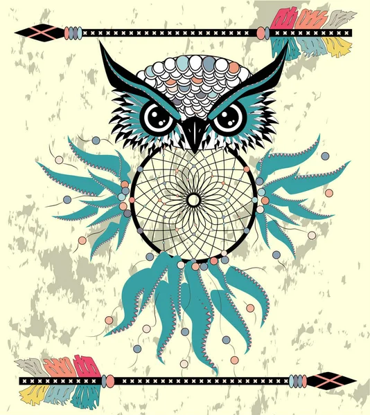 Tekening Uil Met Tribal Pijlen Dream Catcher — Stockvector