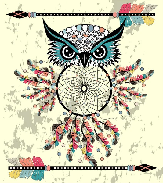 Drawing Owl Tribal Arrows Dream Catcher Stock Illustration