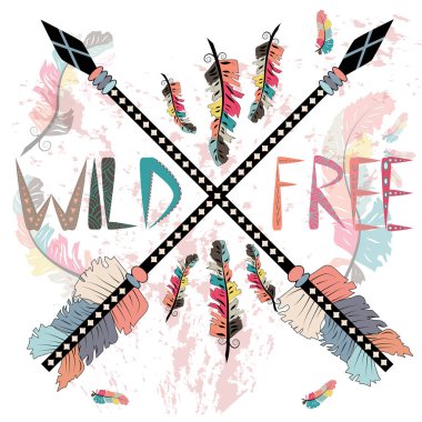 El çekilmiş kabile etiket çapraz ok illüstrasyon ve vahşi, ücretsiz ilham verici yazı ile.