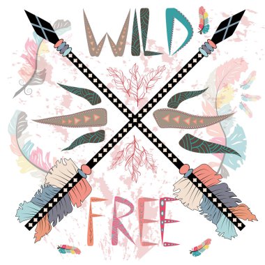 El çekilmiş kabile etiket çapraz ok illüstrasyon ve vahşi, ücretsiz ilham verici yazı ile.