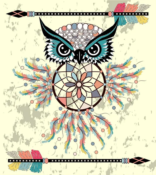 Tekening Uil Met Tribal Pijlen Dream Catcher — Stockvector