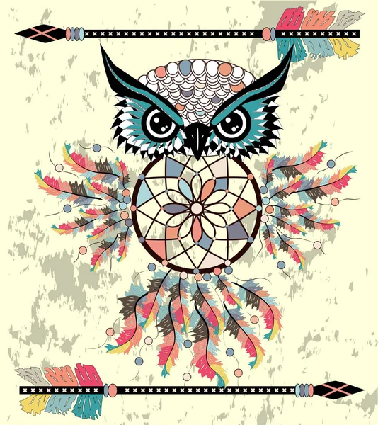 Tekening Uil Met Tribal Pijlen Dream Catcher — Stockvector