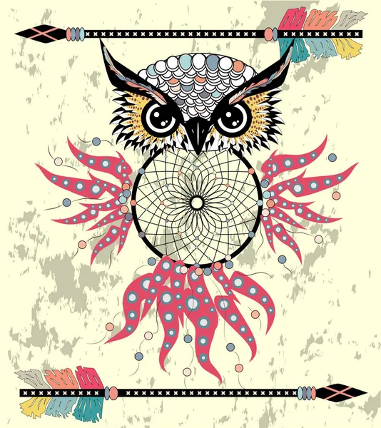 Tekening Uil Met Tribal Pijlen Dream Catcher — Stockvector