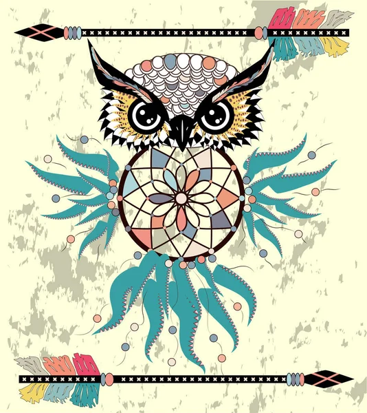 Tekening Uil Met Tribal Pijlen Dream Catcher — Stockvector